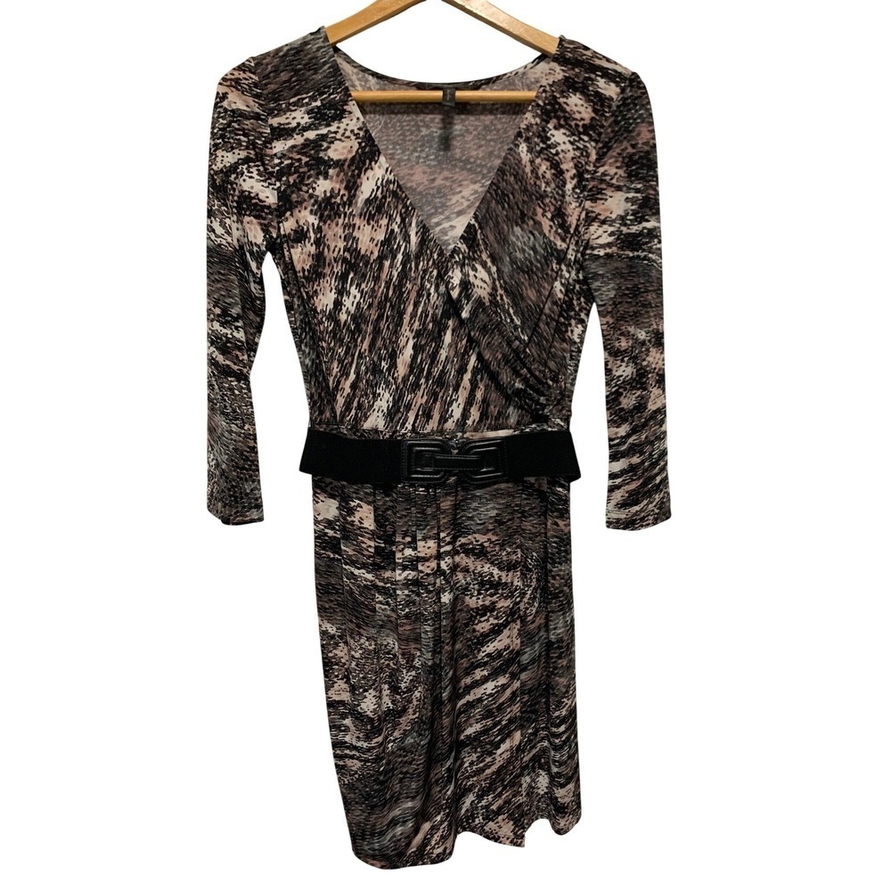 BCBGMAXAZRIA Faux Wrap Dress SP Grey Dusk Abstract Animal Print Belted Mob Wife